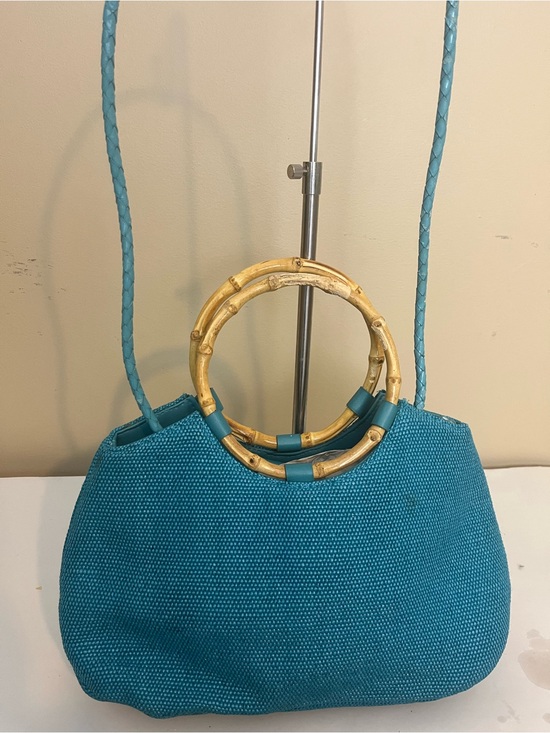 Handbags - Teal Woven Shoulder Bag with Bamboo Ring Handles